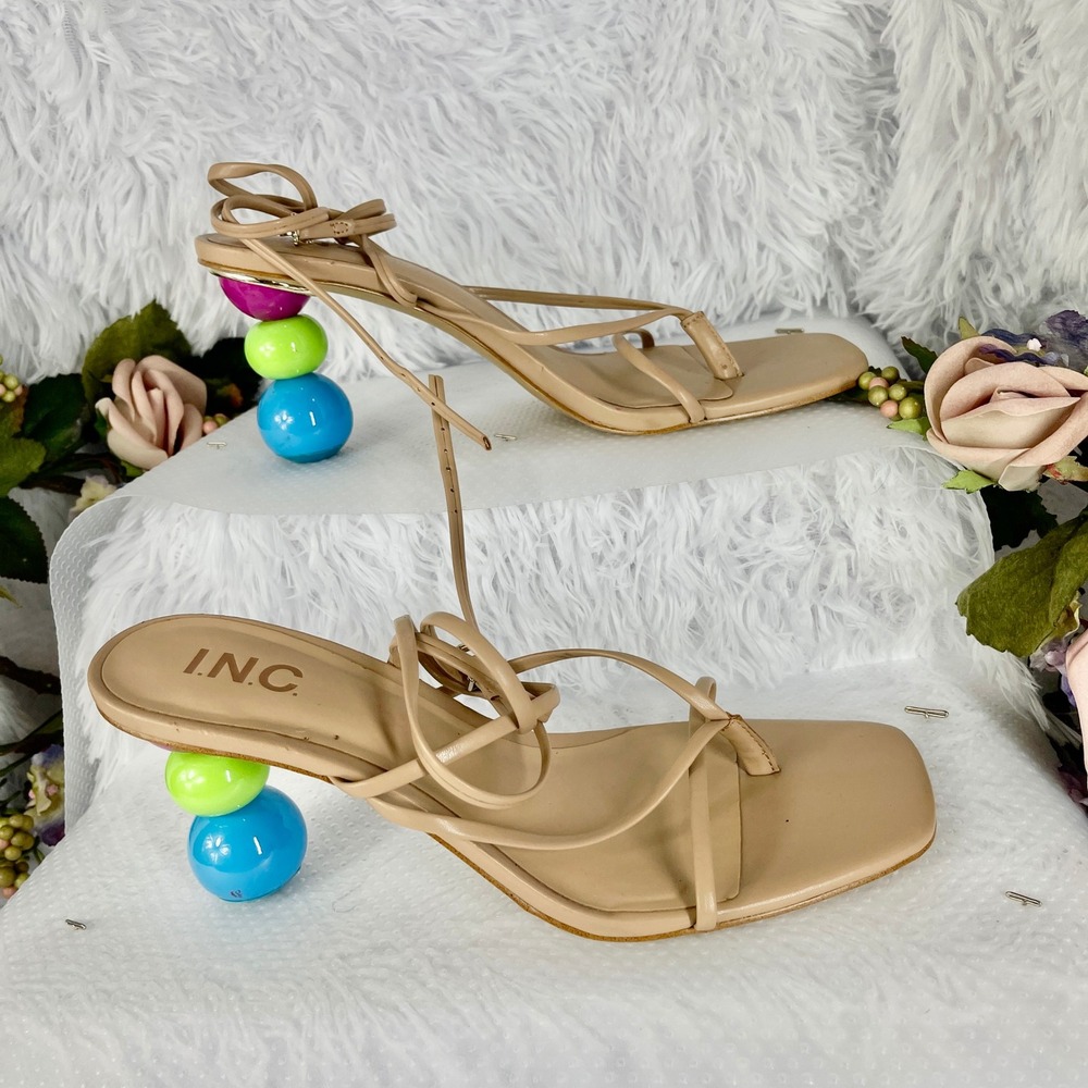 INC Lilliana Sandals Womens 8.5 Tan Man Made Strappy Ball Sculptural Heel Shoes